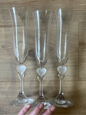 Set of 3 Heart Stem Champagne Flutes - Clear Glass